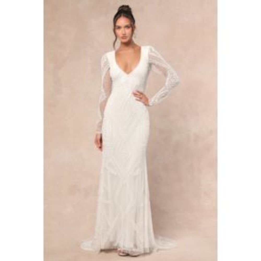 Lulu's White Lace Long Sleeve V-Neck Gown